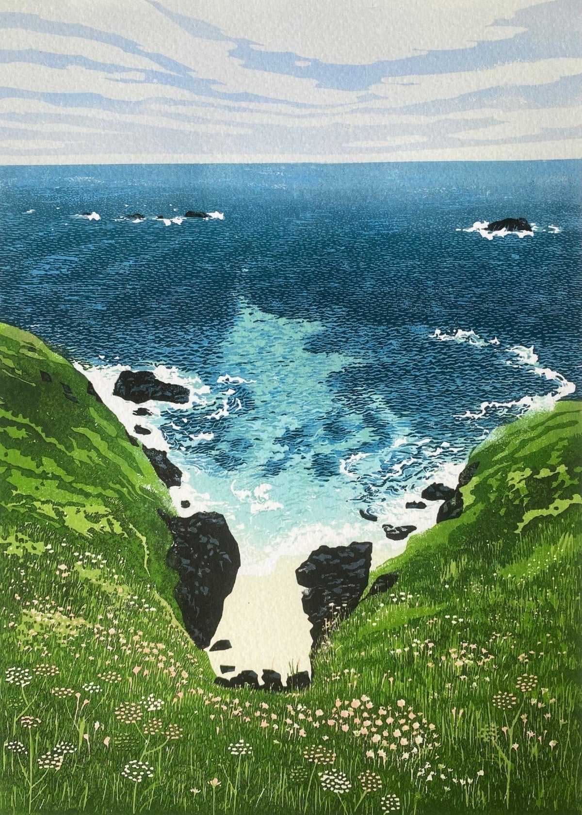 Coastal Cove Pendeen. Art print of a Cornish Cove, Coastal path view in Cornwall. Looking down the cliff to the sea.