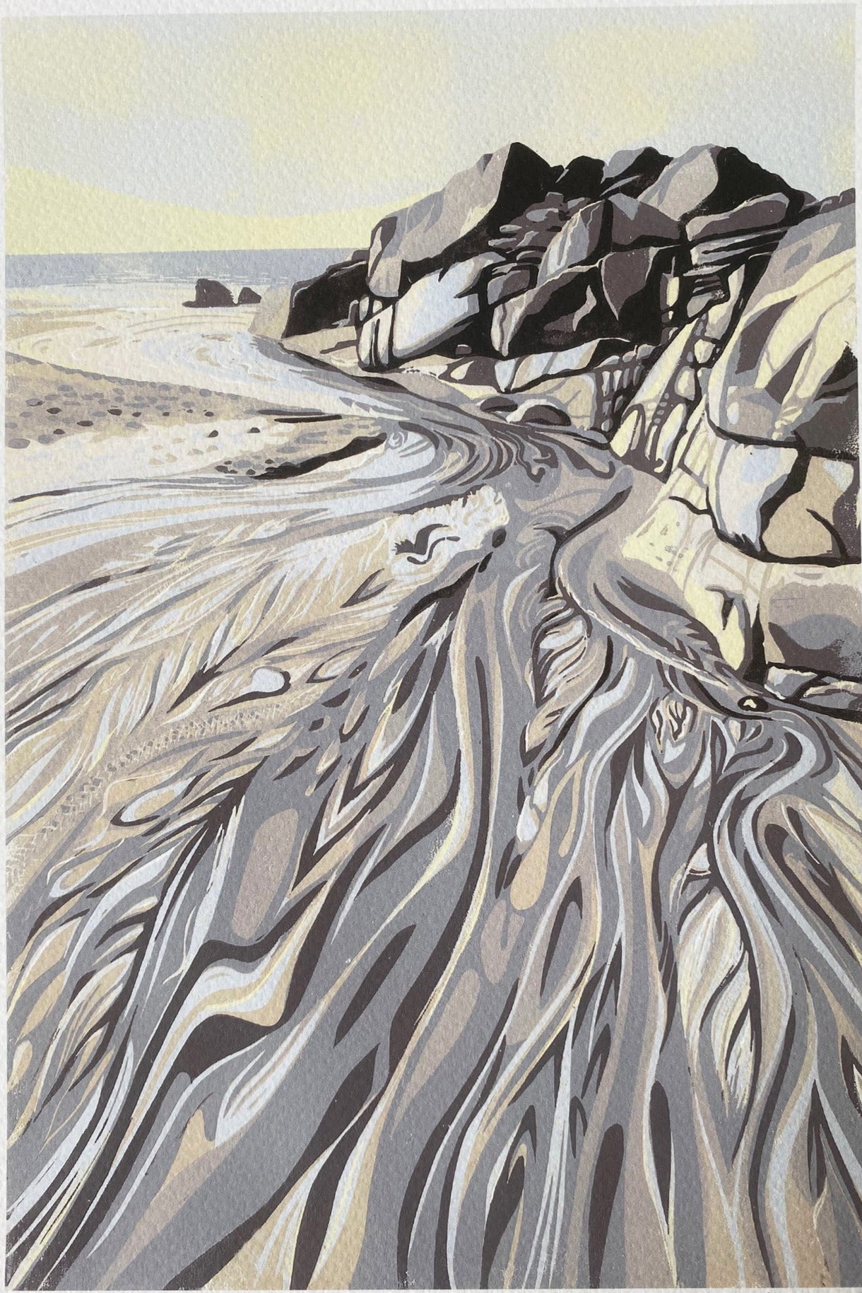 Flowing to the sea, Portheras beach, Cornwall. Art print of a cornish seascape. Sandy rocky beach.