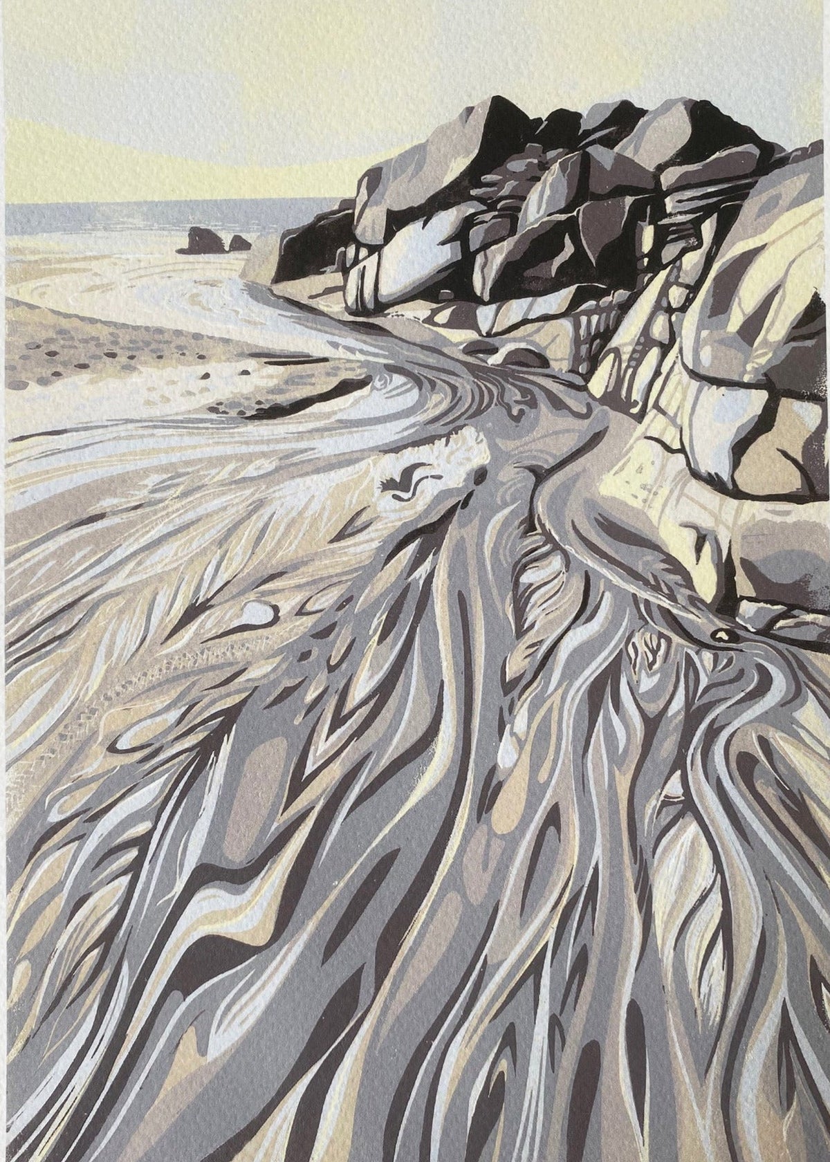 Flowing to the sea, Portheras beach, Cornwall. Art print of a cornish seascape. Sandy rocky beach.