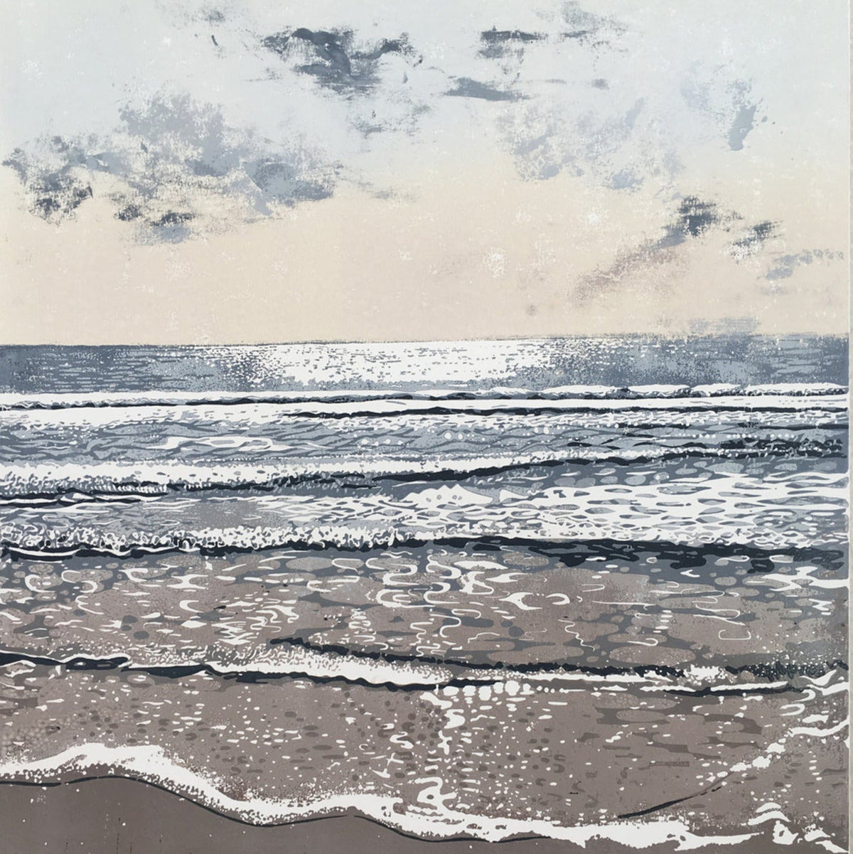Late afternoon and the tide lapping the beach at Praa Sands. Art print from an original linocut. Cornish beaches, Cornwall. Seaside. Tides. Exploring the Cornish coast.